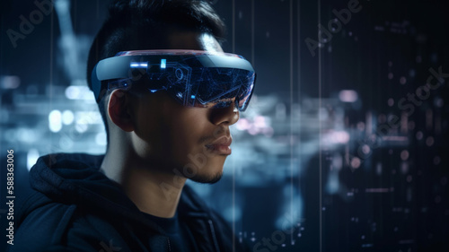 Smart Man wear AR glasses raise hand in Metaverse Virtual World , Generative AI