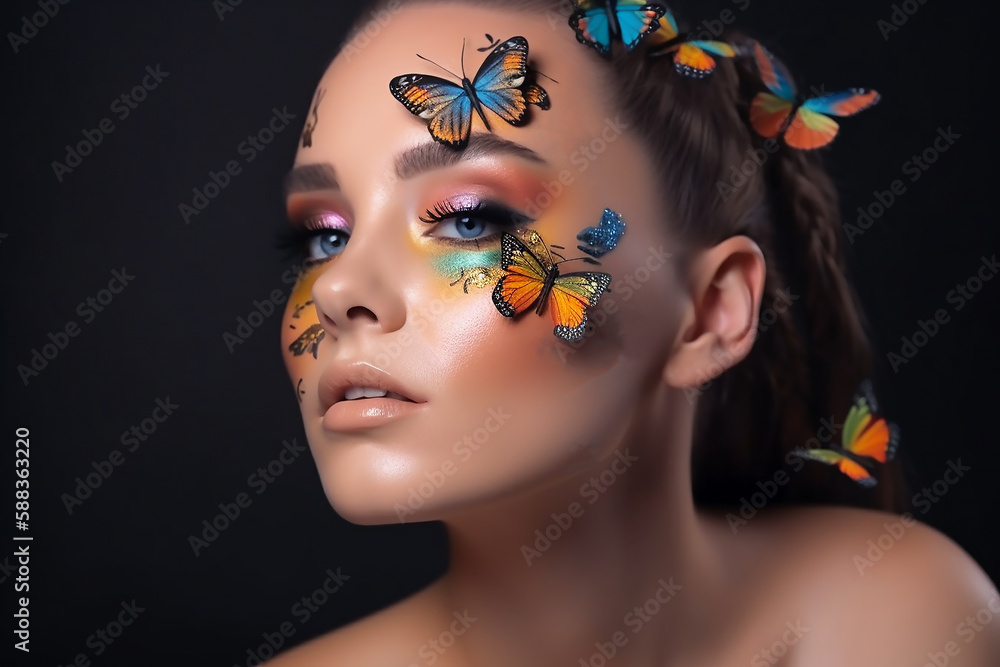 Beautiful supermodel woman make up colorful look with stick butterfly on her face with black background, Glamor , cosmetic product , Eyeshadow , Generative AI Beautiful supermodel woman make up colorful look with stick butterfly on her face with black background, Glamor , cosmetic product , Eyeshadow , Generative AI