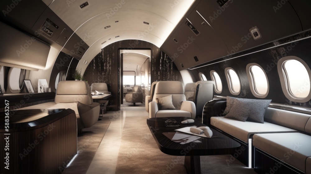 Fototapeta premium Modern business jet aircraft interior cabin view. Generative AI