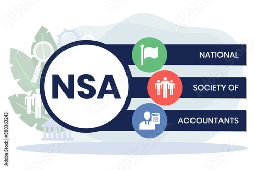 NSA - National Society of Accountants acronym. business concept background. vector illustration concept with keywords and icons. lettering illustration with icons for web banner, flyer