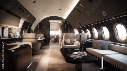 Modern business jet aircraft interior cabin view. Generative AI