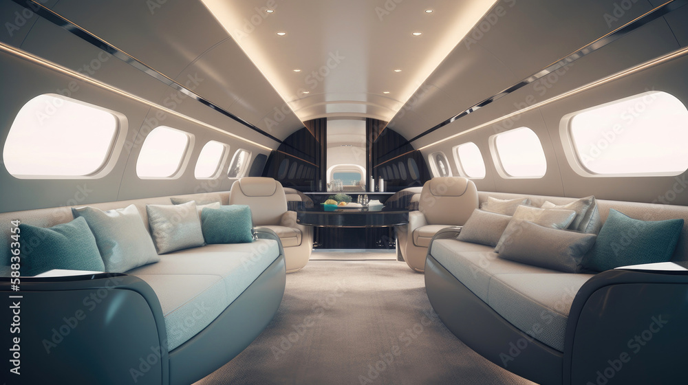 Naklejka premium Modern business jet aircraft interior cabin view. Generative AI