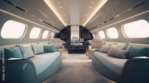 Modern business jet aircraft interior cabin view. Generative AI