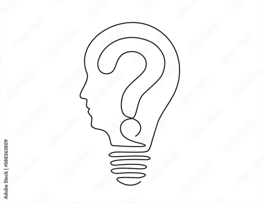 Continuous One line drawing of light bulb, in the form of a human face with a question sign inside Continuous One line drawing of light bulb, in the form of a human face with a question sign inside