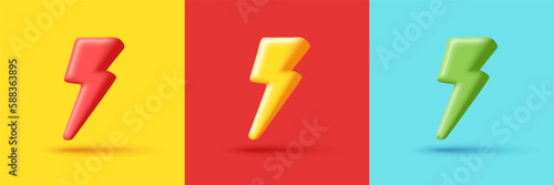 3d High voltage icon, danger. Electric hazard sign with lighting. Set in different colors