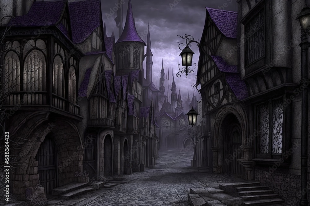 Fantasy purple ruined city created with Generative AI Fantasy purple ruined city created with Generative AI