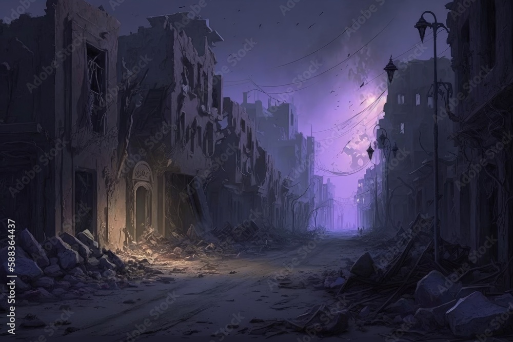 Fantasy purple ruined city created with Generative AI 
