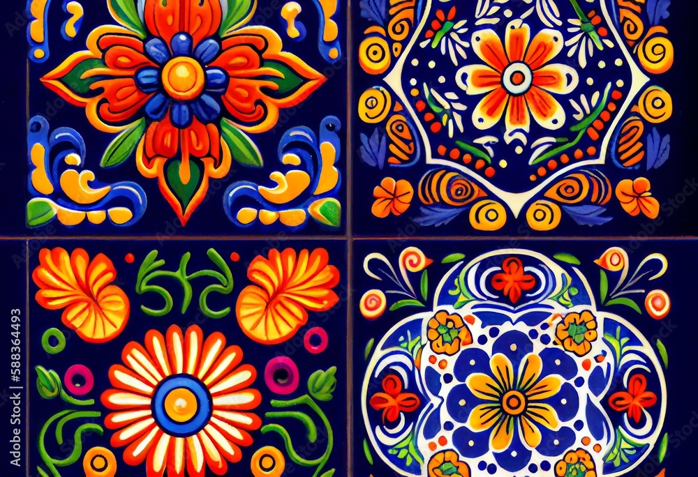 A set of colorful Mexican talavera tiles. Cinco de Mayo. Generative AI