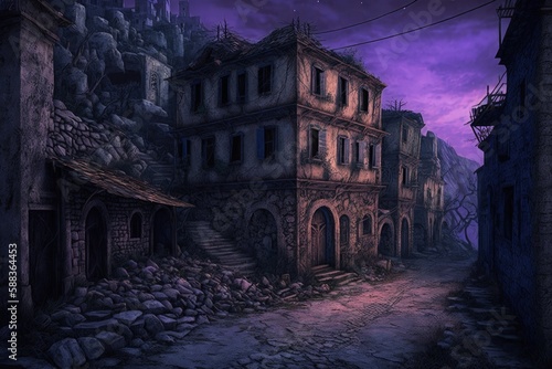 Fantasy purple ruined city created with Generative AI 