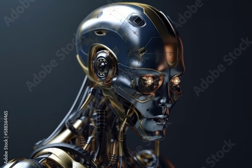 robot woman on blurred background using digital generative ai