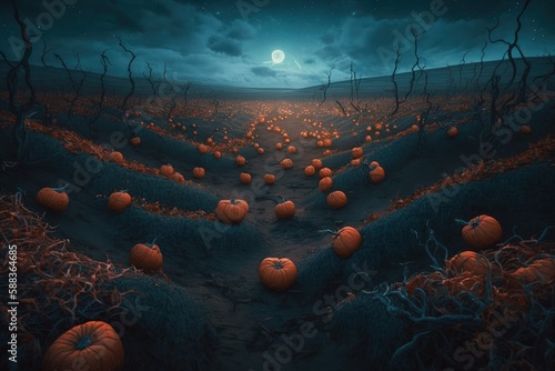 Magical night pumpkin fields created with Generative AI 