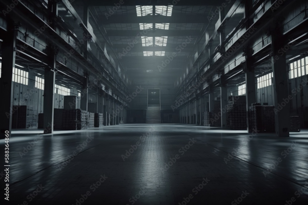 Inside of dark warehouse. Dark hangar created with Generative AI 