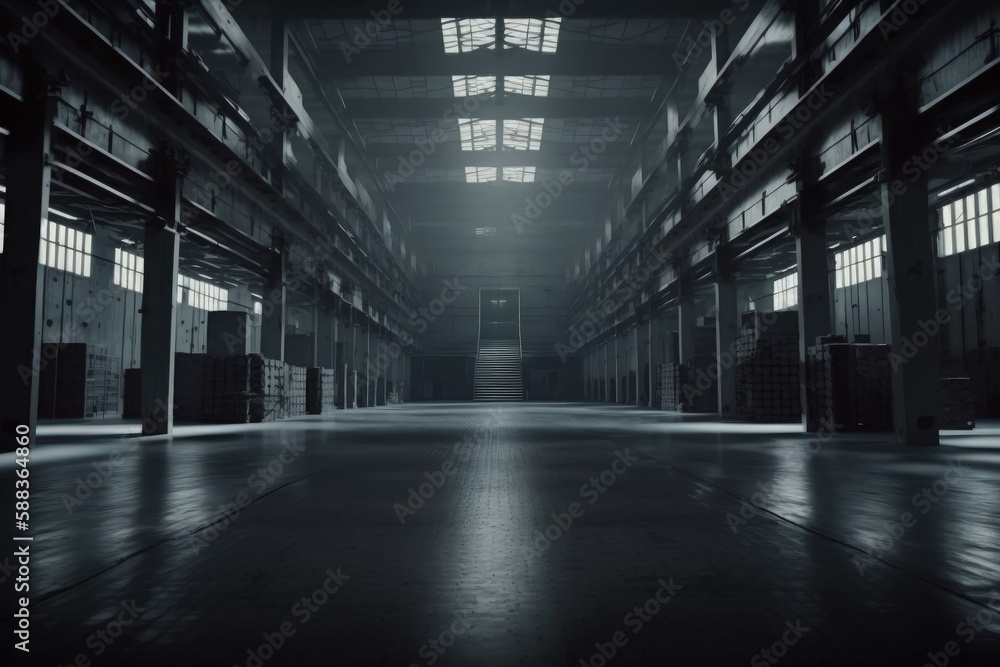 Inside of dark warehouse. Dark hangar created with Generative AI Inside of dark warehouse. Dark hangar created with Generative AI