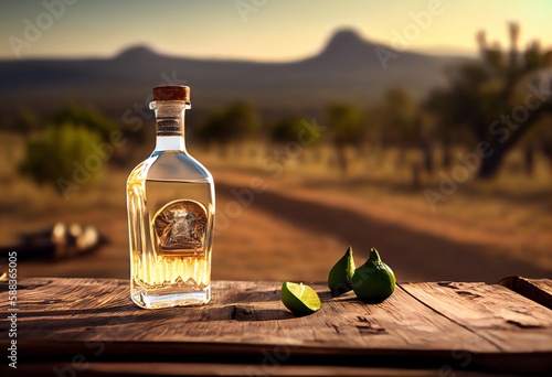 A bottle of tequila with a slice of lime on a wooden table, with a blurred background of a Mexican landscape. Generative AI photo