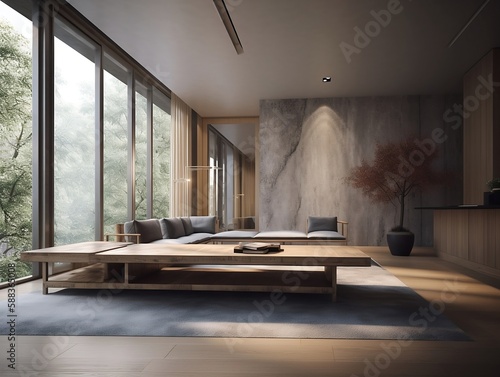 Diaphanous Interior design of modern apartment, living room with sofa and coffee tables 3d rendering, Tadao Ando style. Created using generative AI.