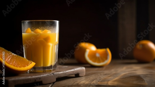 frozen glass with fresh orange juice on the wooden table