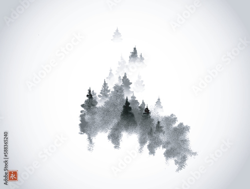 Misty mountain forest trees on white background. Traditional oriental ink painting sumi-e, u-sin, go-hua. Translation of hieroglyph - eternity