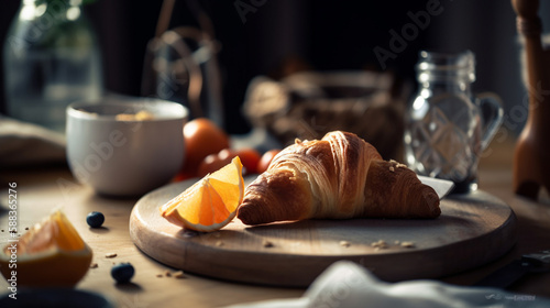 Morning breakfast, croissant served with Coffee on an table with pool background