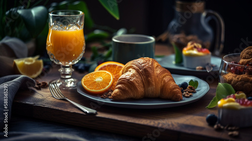 Morning breakfast, croissant served with Coffee on an table with pool background