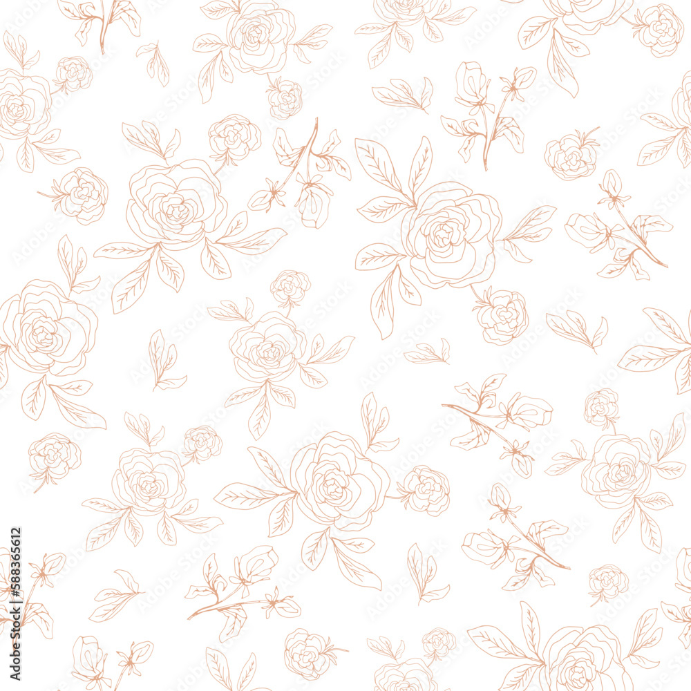 Delicate rose flower seamless pattern, line art hand drawn design for textile or other surface design