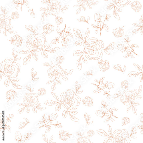 Delicate rose flower seamless pattern  line art hand drawn design for textile or other surface design