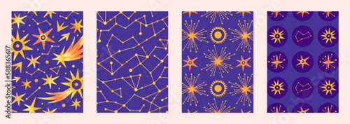 Set of vector illustrations of abstract celestial bodies. Patterns of constellations, stars, planets. Space universe. Esoteric cosmic designs for posters, notebook covers. Purple and yellow colors