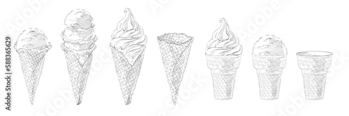 Ice cream in waffle cone. The set of vanilla sundae Gelato. Color Vector illustration. Isolated objects on a white background
