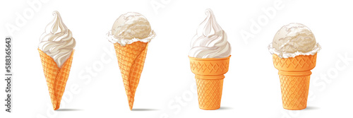 Ice cream in waffle cone. The set of vanilla sundae Gelato. Color Vector illustration. Isolated objects on a white background