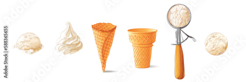 Ice cream in waffle cone. The set of vanilla sundae Gelato. Color Vector illustration. Isolated objects on a white background photo