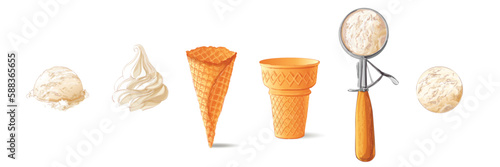 Ice cream in waffle cone. The set of vanilla sundae Gelato. Color Vector illustration. Isolated objects on a white background