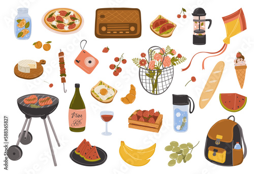 Set for a picnic day. Tasty food and. drinks.  Vector illustration