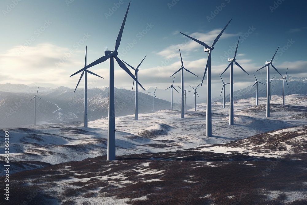 Wind Turbine Farm Amongst Mountainous Dust Landscape, Generative AI