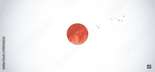 Flock of birds and red sun, symbol of Japan on white background. Traditional oriental ink painting sumi-e, u-sin, go-hua. Translation of hieroglyph - well-being