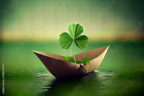 Clover green leaves in paper boat . Generative Ai