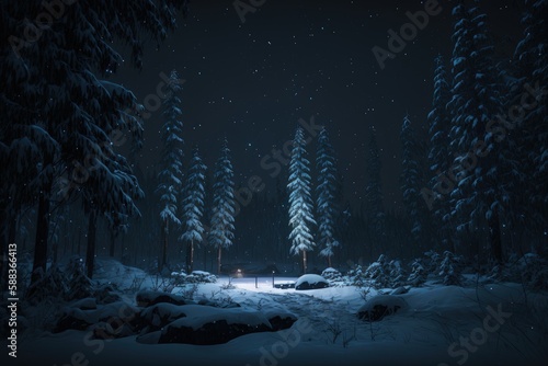 Mystical atmosphere of winter forest ant night created with Generative AI 
