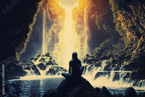 Meditating man in front of surreal landscape created with Generative AI 