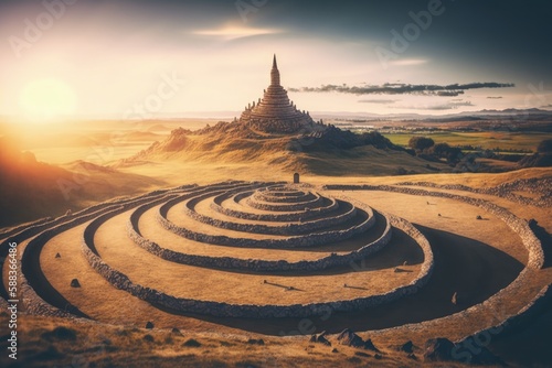 Landscape view with surreal spiral citadel created with Generative AI 