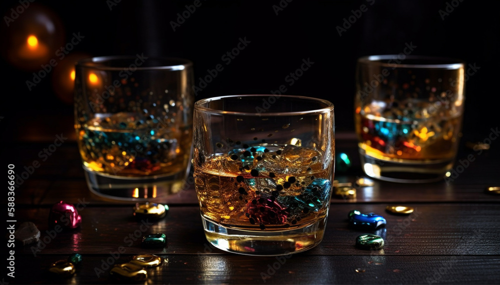 Luxury whiskey glass reflects elegant alcohol celebration generated by AI