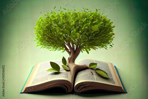 Tree growing from open book vector isolated on white. Generative Ai