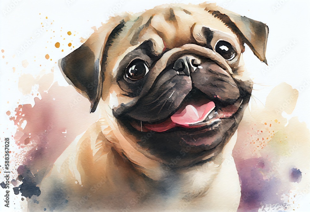 Watercolor Illustration of a Adorable Puppy Pug Smile And Happiness. Purebred Dog. Generative AI