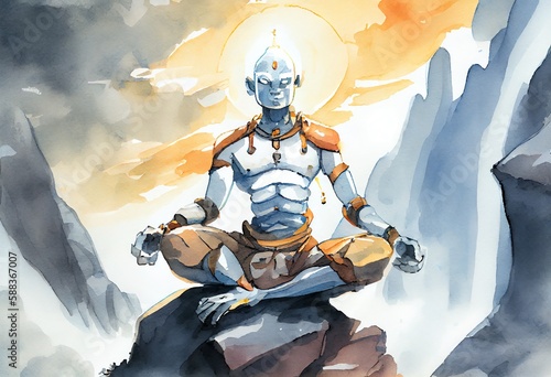 Watercolor Illustration of a Illustration Of An Advanced Monk Robot Cyborg Doing Yoga On The Mountain, Zen Lighting. Generative AI © Pixel Matrix