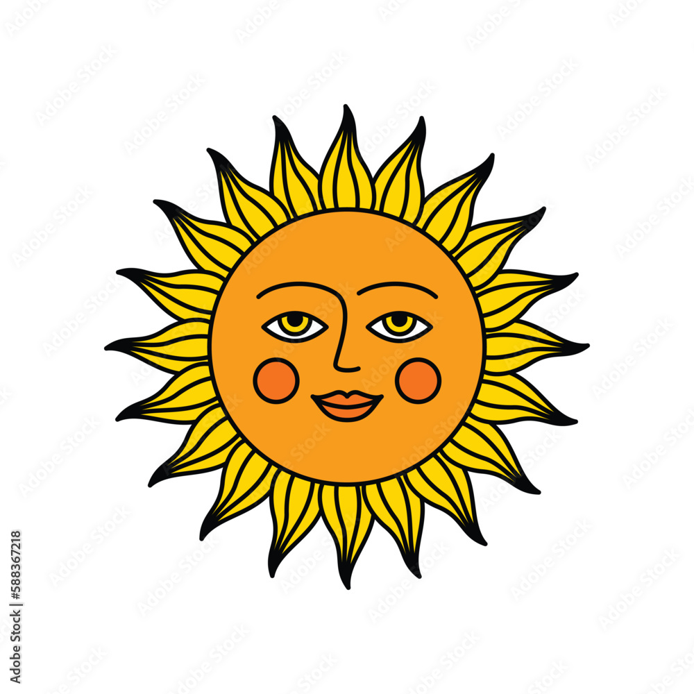 Cartoon Color Character Sun Icon Sunlight or Holiday Concept Flat Design Style. Vector illustration of Mascot Star