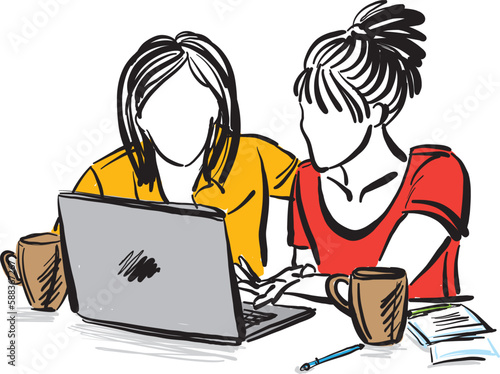 students working in front of laptop computer education concept vector illustration