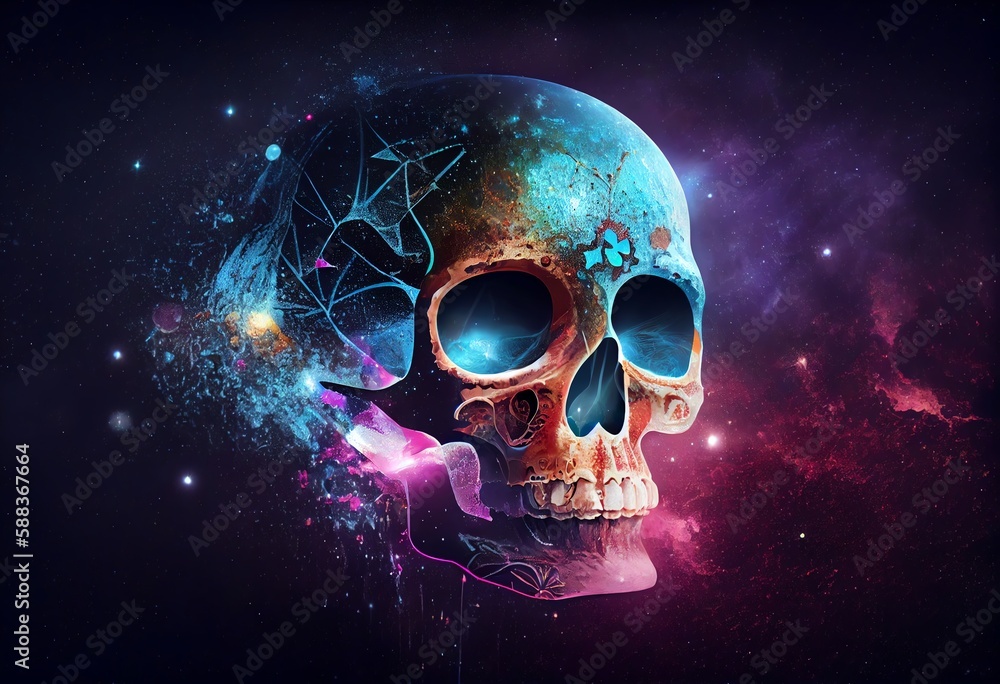 A sugar skull with a space theme, viewed from the front on a cosmic background. Generative AI A sugar skull with a space theme, viewed from the front on a cosmic background. Generative AI