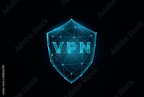 Polygonal VPN shield vector illustration on dark blue background, Virtual Private Network low poly design.