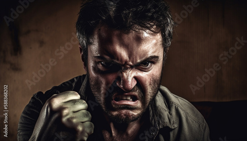 Angry Caucasian man with dark beard screaming generated by AI