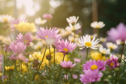 Fresh flowers blooming in garden, close up view, natural light. Spring or summer season. Generative AI