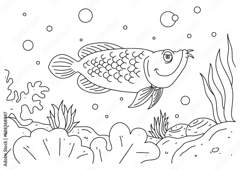 Children coloring book page 1 asian arowana fish ilustration Stock