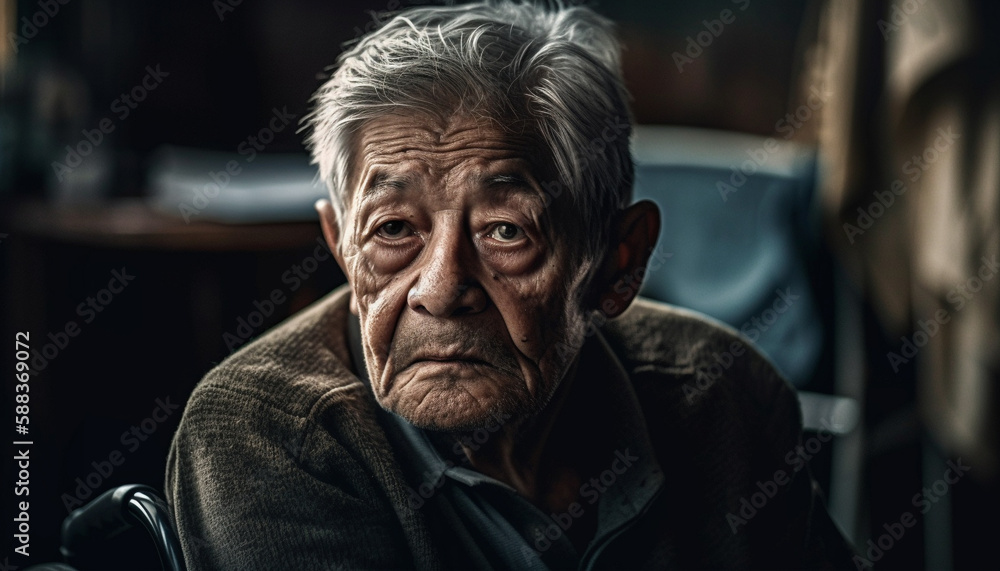 Sad gray haired senior man looks into camera generated by AI Sad gray haired senior man looks into camera generated by AI