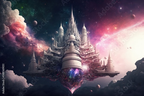 Wallpaper Mural Magical futuristic citadel flying in space created with Generative AI
